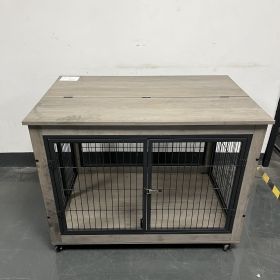 Furniture Style Dog Crate Side Table on Wheels with Double Doors and Lift Top. Rustic Brown, 43.7'' W x 30'' D x 31.1'' H.